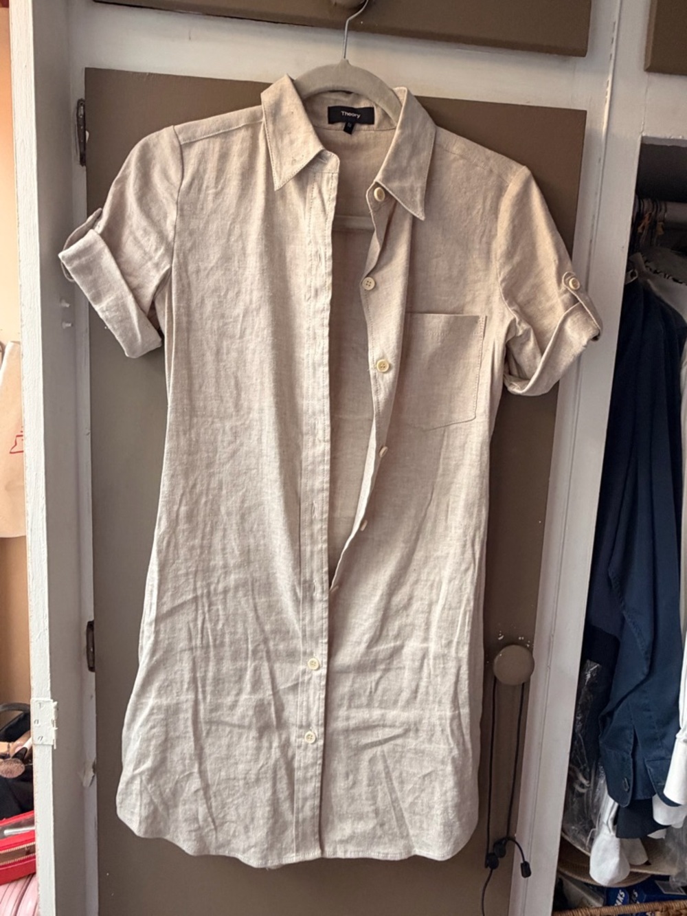 Theory Cream Linen Button-Down Shirt Dress